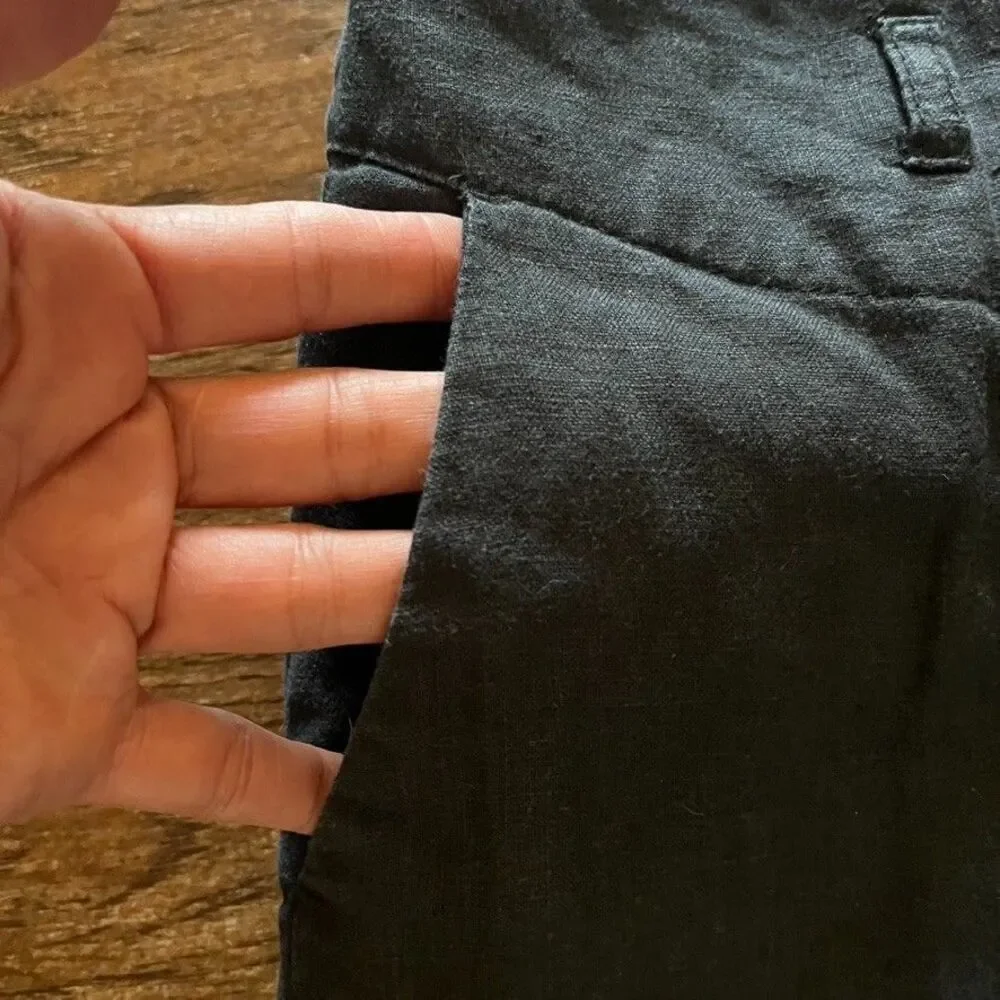 H&M 100% Linen Wide Leg Trousers Womens 6 Black Mid Rise Casual Pants